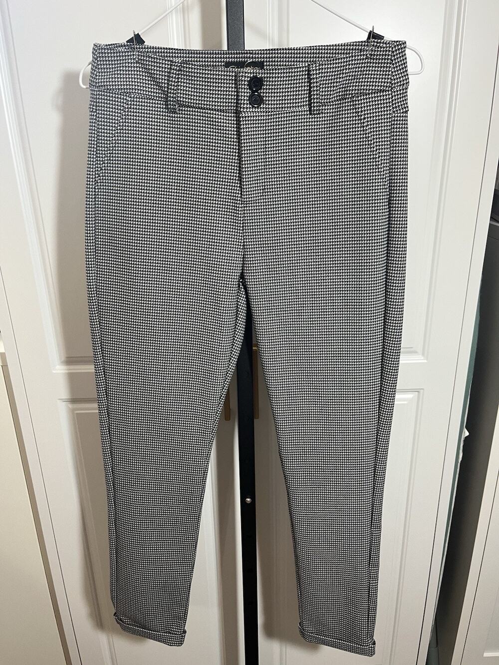 Shinestar Women’s Juniors Black White Houndstooth Plaid Stretch Pants Medium